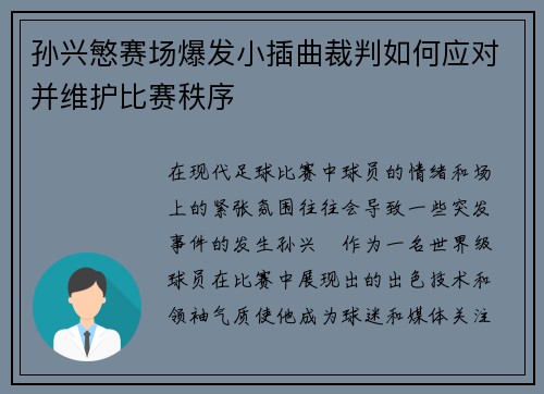 孙兴慜赛场爆发小插曲裁判如何应对并维护比赛秩序