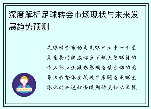 深度解析足球转会市场现状与未来发展趋势预测
