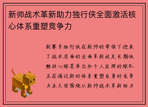 新帅战术革新助力独行侠全面激活核心体系重塑竞争力