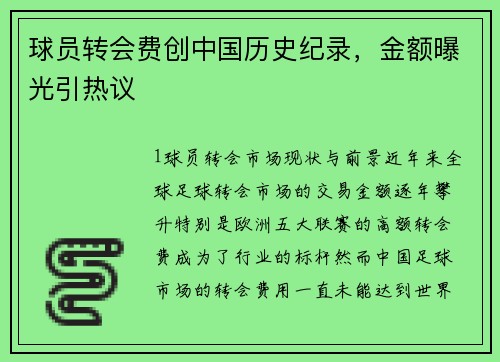 球员转会费创中国历史纪录，金额曝光引热议