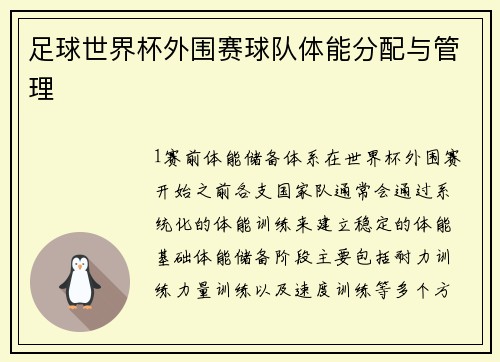 足球世界杯外围赛球队体能分配与管理